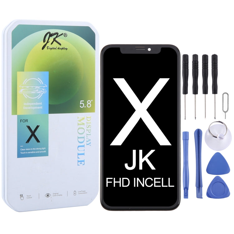 iPhone X JK InCell FHD screen replacement kit with tools and blue pry picks