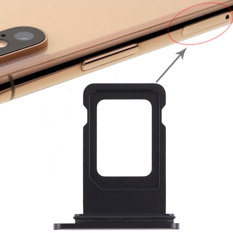 Black SIM card tray replacement for iPhone XR, shown with tray installed alignment