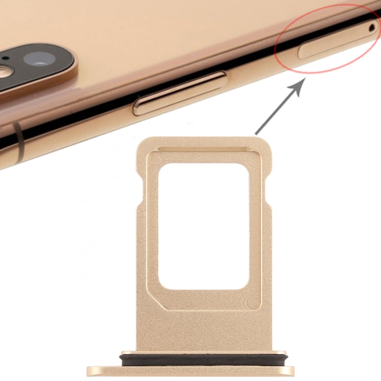 Gold SIM card tray replacement for iPhone XR, shown near the phone SIM opening