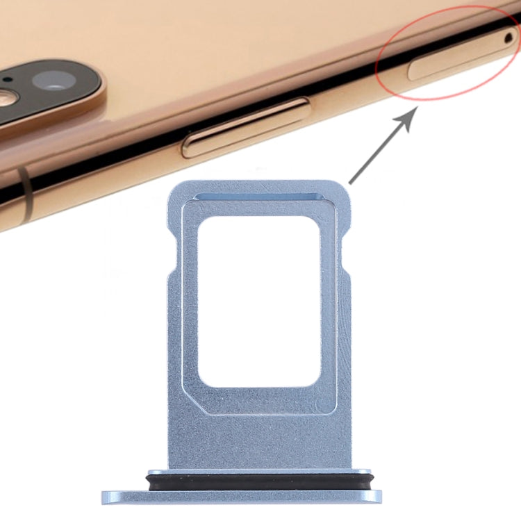 Blue SIM card tray replacement for iPhone XR, shown near the phone SIM slot