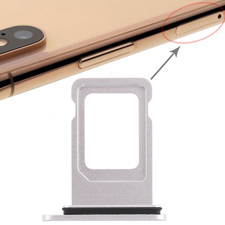Light gray SIM card tray replacement for iPhone XR, shown near the phone SIM slot