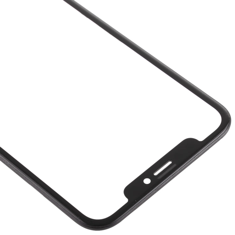 iPhone XR front glass replacement, corner view showing black bezel cutouts
