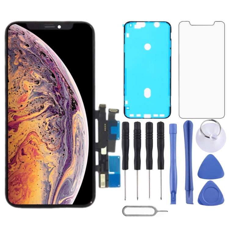 iPhone XR LCD screen replacement set with front glass, blue backplate, and tools