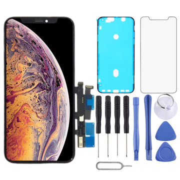 iPhone XR LCD screen replacement set with front glass, blue backplate, and tools