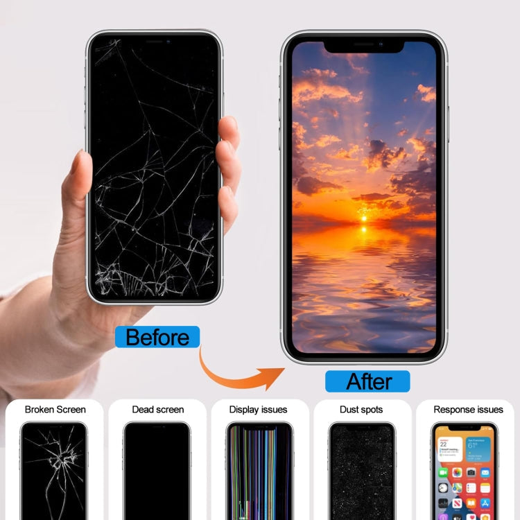 iPhone XR LCD screen replacement with installed display showing sunset over water