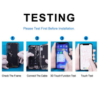 iPhone XR LCD screen replacement testing with phone parts and gloved hands