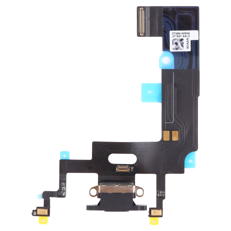 iPhone XR charging port flex replacement, dark ribbon with blue tabs and main connector