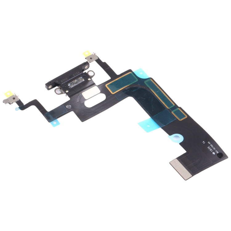iPhone XR charging port flex replacement, black ribbon with mounting holes and gold terminals