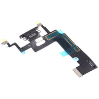 iPhone XR charging port flex replacement, black ribbon with mounting holes and gold terminals