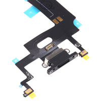 Close-up of iPhone XR charging port flex, black ribbon with blue pads and gold connector