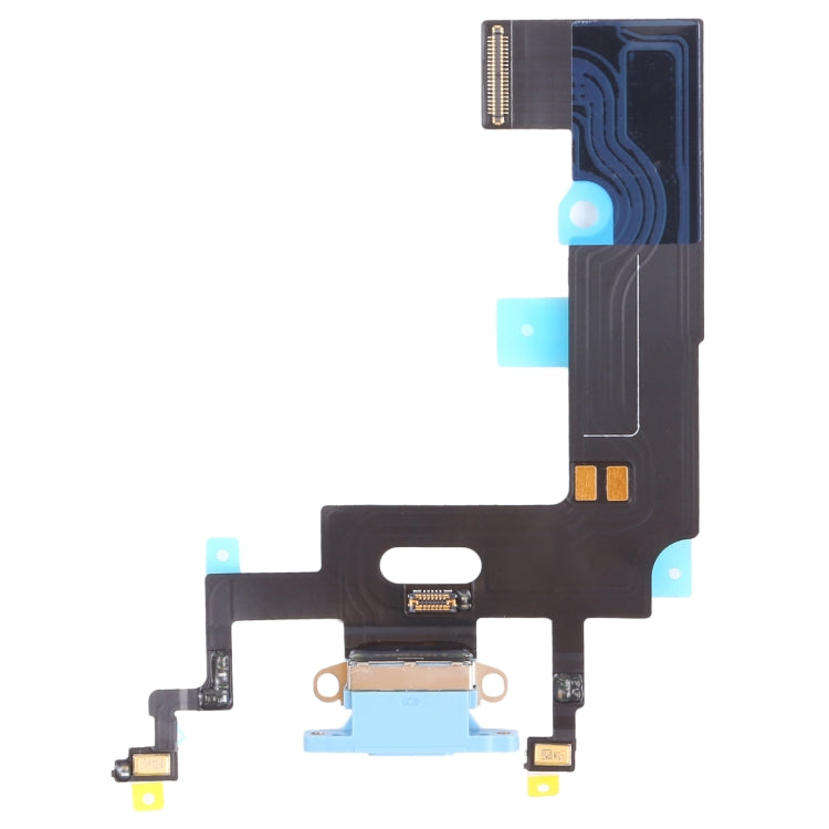 iPhone XR charging port flex replacement with black ribbon and blue connector pads
