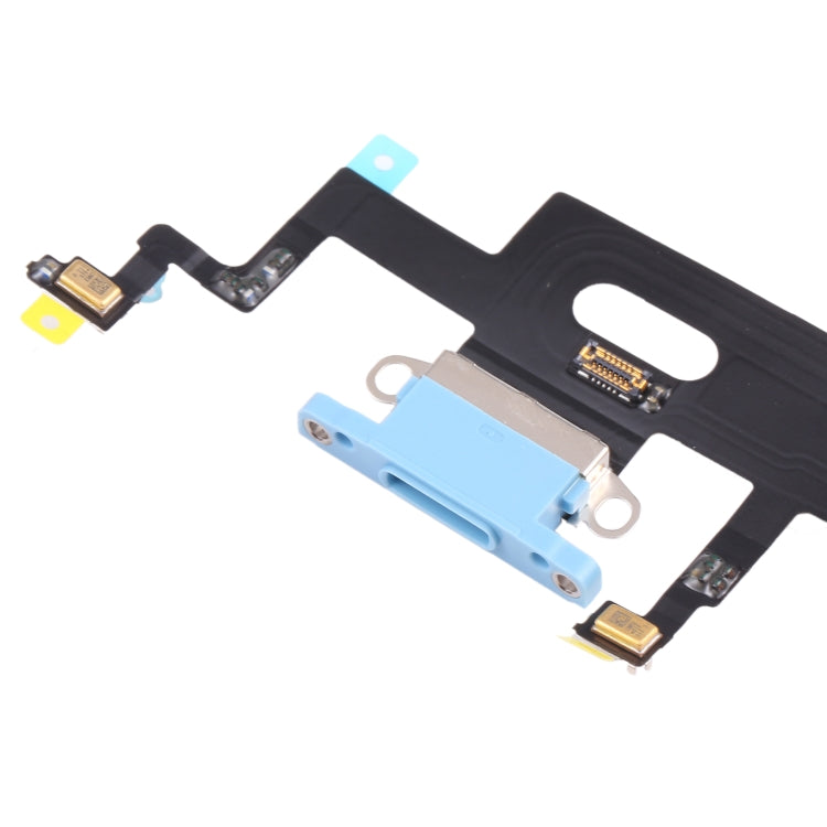 Charging port flex for iPhone XR, close-up of blue socket and gold contact pins