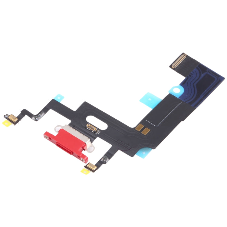 iPhone XR charging port flex replacement, black ribbon with red port and gold contacts