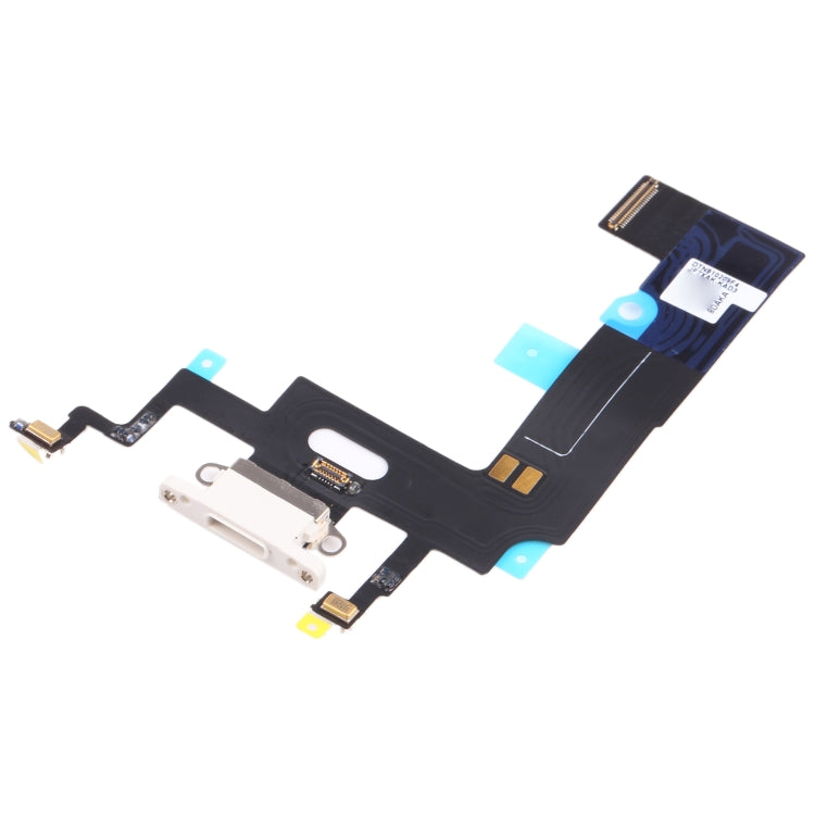 iPhone XR charging port flex replacement, black ribbon cable with blue tabs and dock opening
