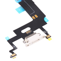 iPhone XR charging port flex replacement, close-up of black flex with white port housing