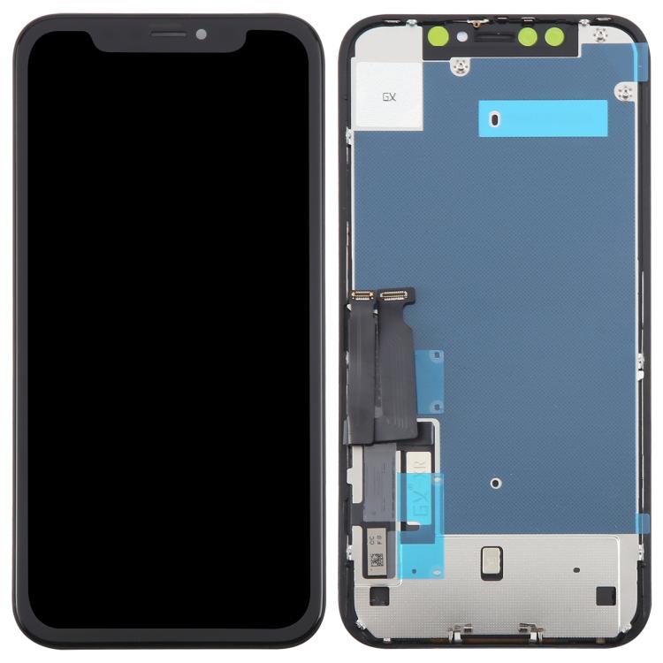 iPhone XR screen replacement, back housing with blue LCD panel and flex connectors