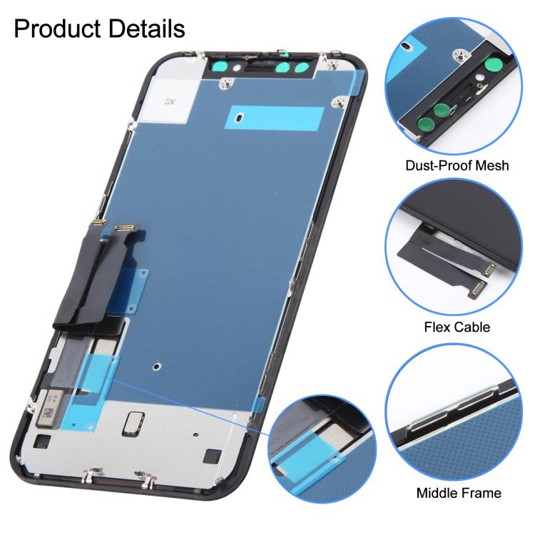 iPhone XR replacement LCD assembly with flex cables and middle frame parts
