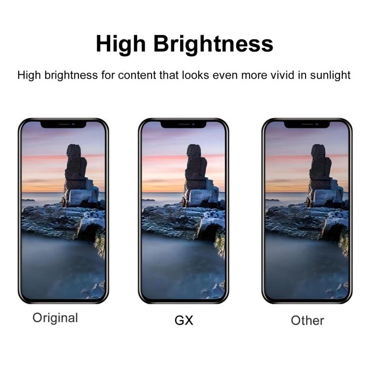 iPhone XR GX screen replacement shown on three phone displays for brightness comparison