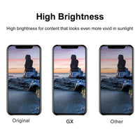 iPhone XR GX screen replacement shown on three phone displays for brightness comparison