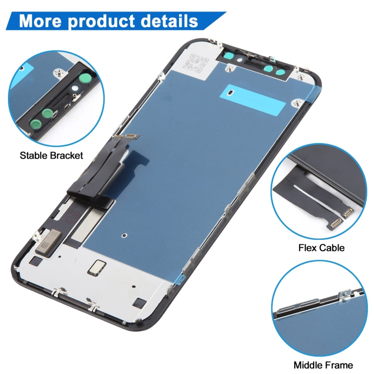 iPhone XR Incell screen replacement showing bracket, flex cable, and middle frame