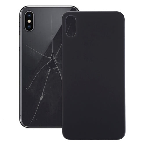 iPhone XS back glass replacement—black, cracked panel with camera cutout