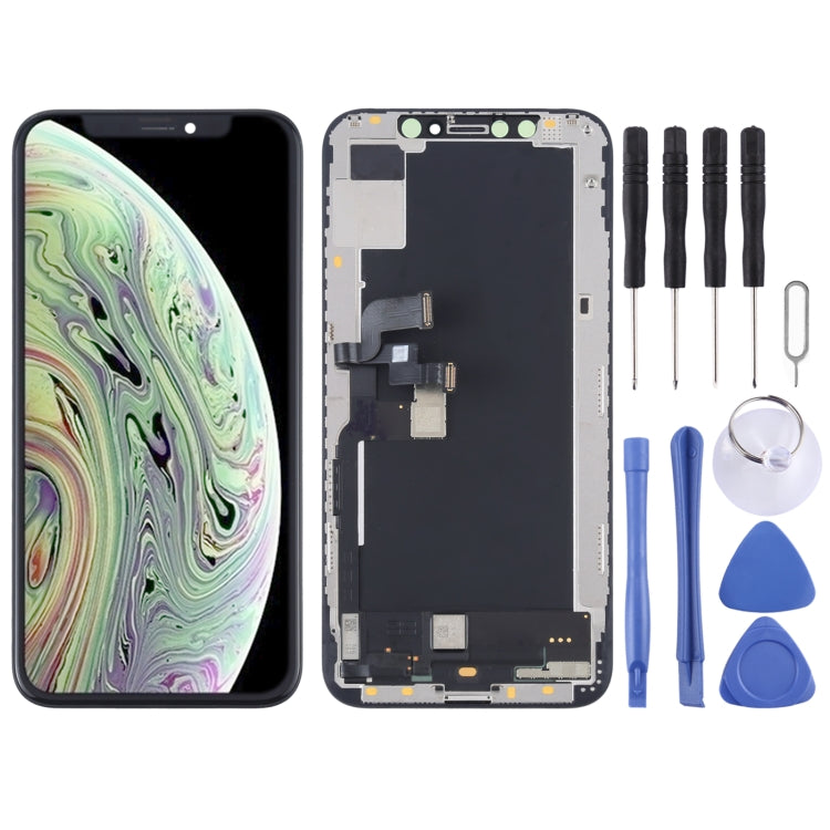 iPhone XS OLED screen replacement kit with open display panel and repair tools