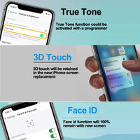 iPhone XS screen feature collage showing True Tone, 3D Touch, and Face ID