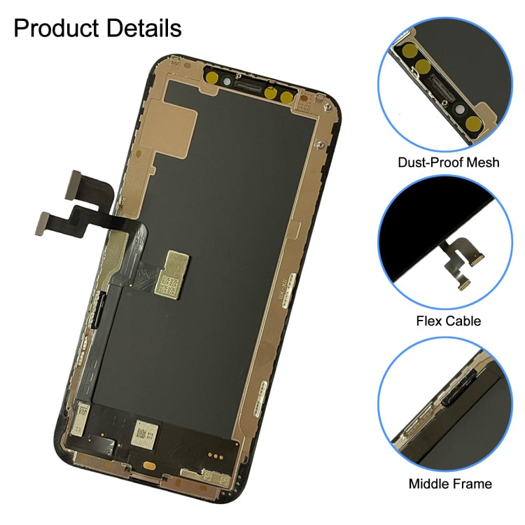 iPhone XS GX OLED screen assembly with dust-proof mesh, flex cable, and middle frame