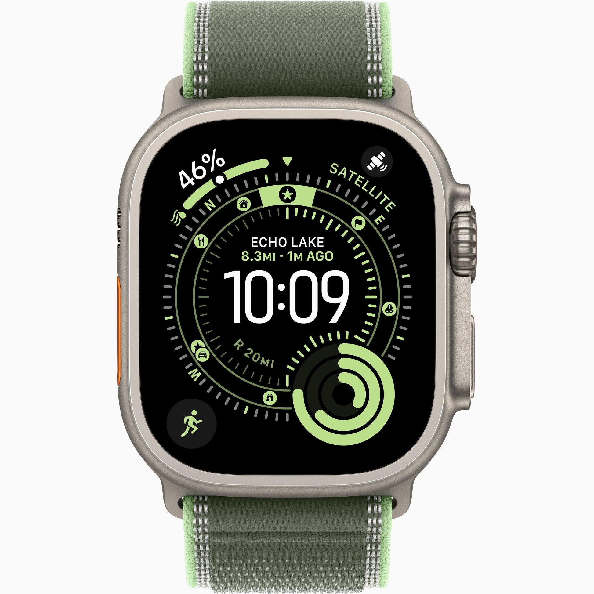 Apple Watch Ultra 3 olive green woven band with light stitching and neon accents