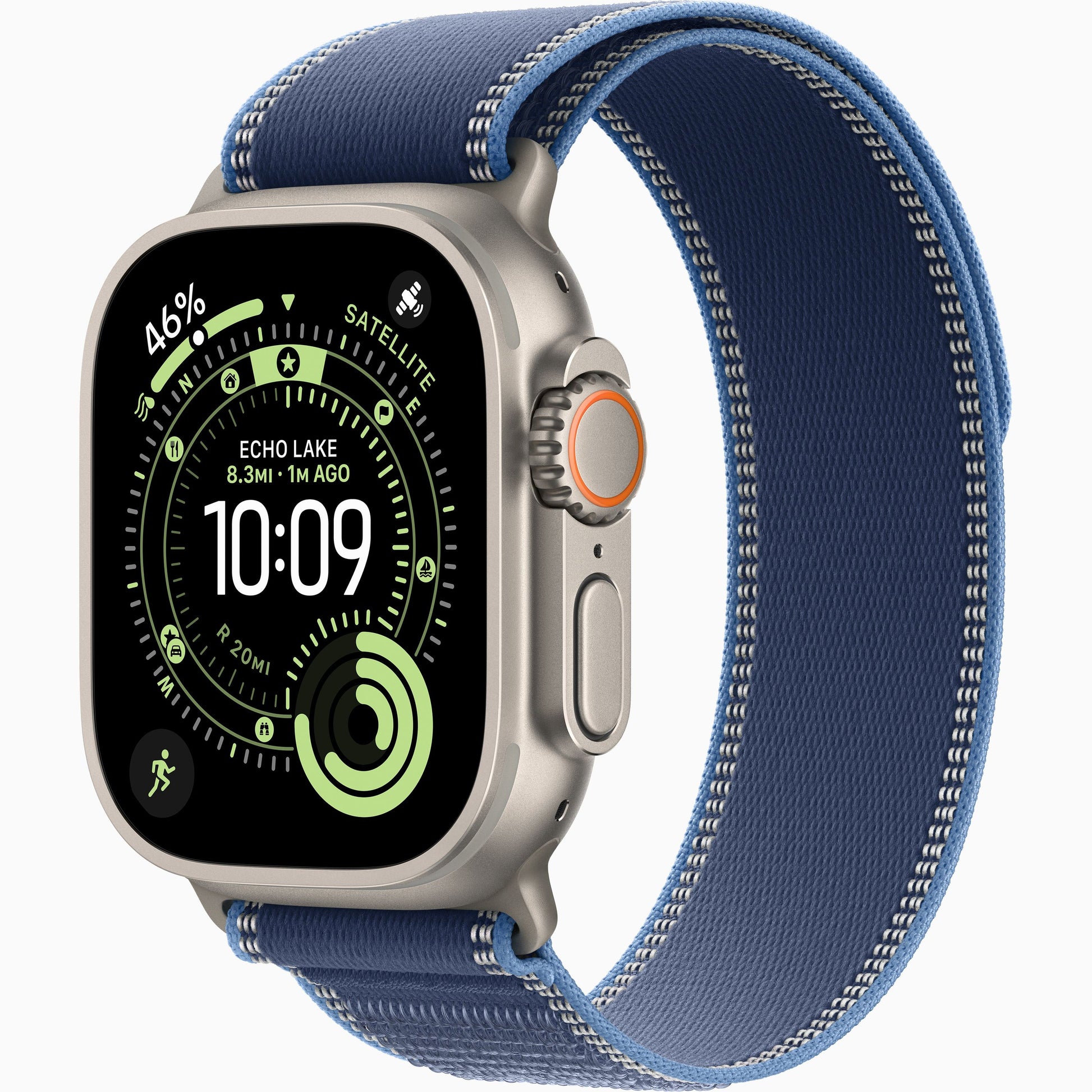 Apple Watch Ultra 3 with blue Trail Loop band and sporty green watch display