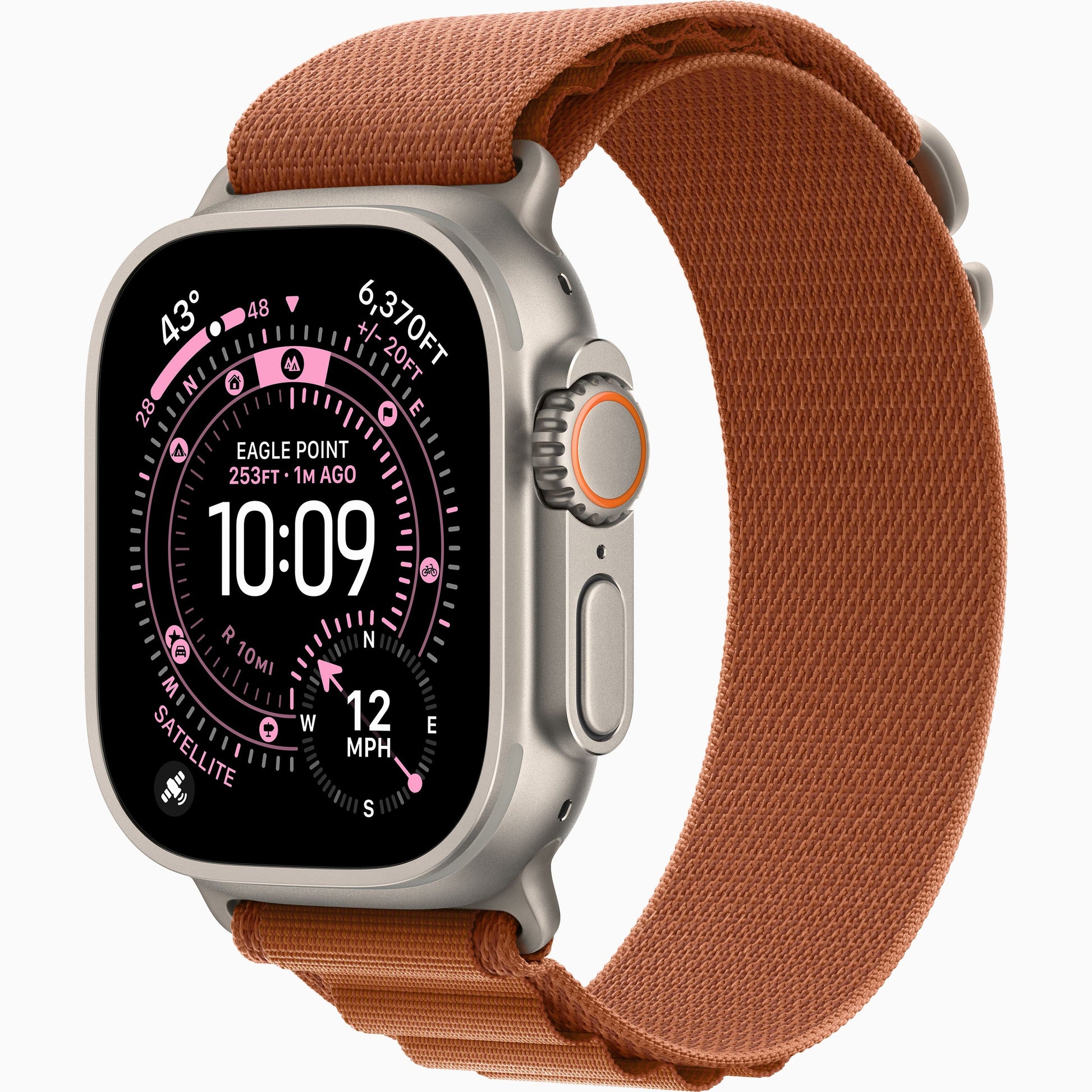 Apple Watch Ultra 3 with terra cotta Alpine Loop band and side buttons