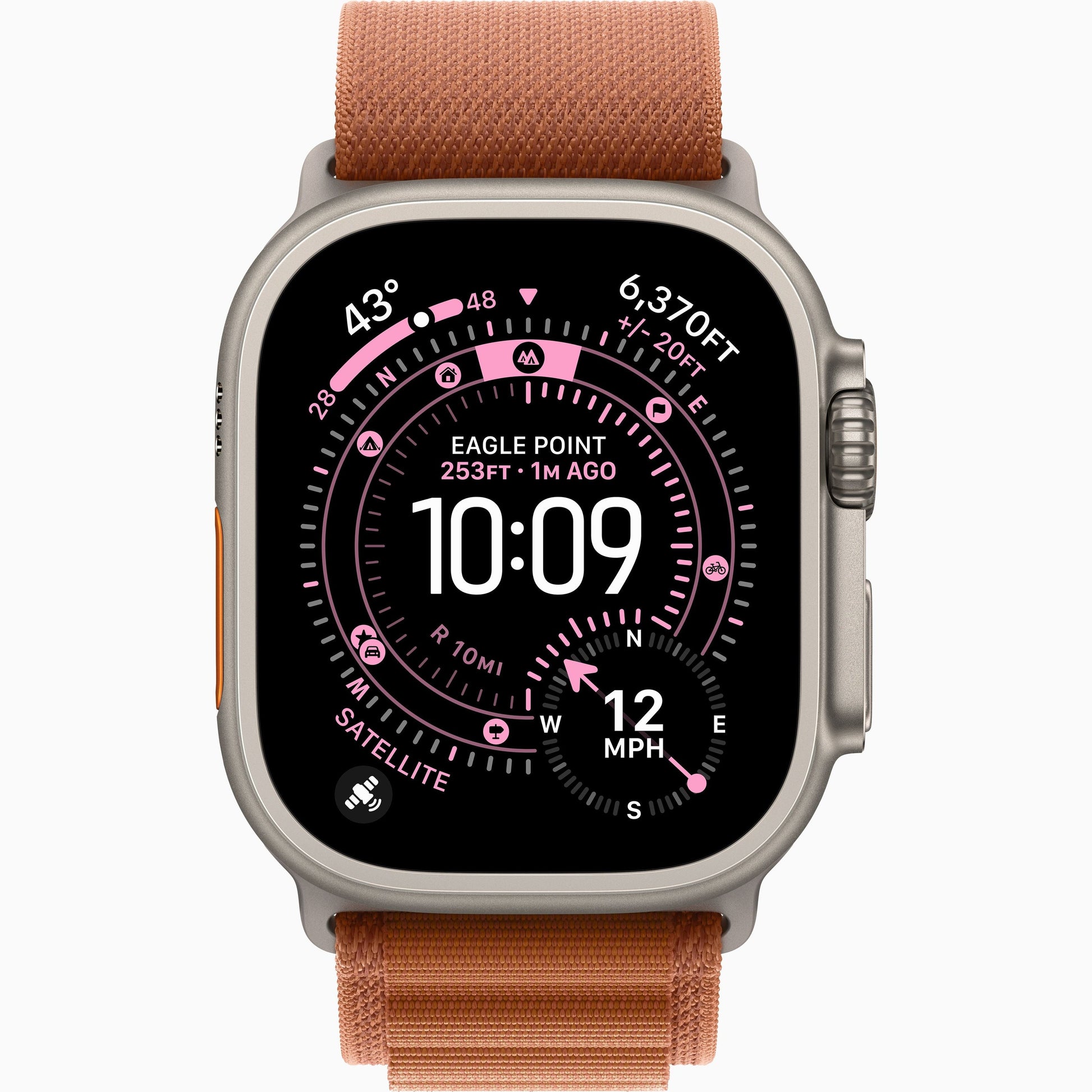 Apple Watch Ultra 3 with terra cotta band and black outdoor watch display