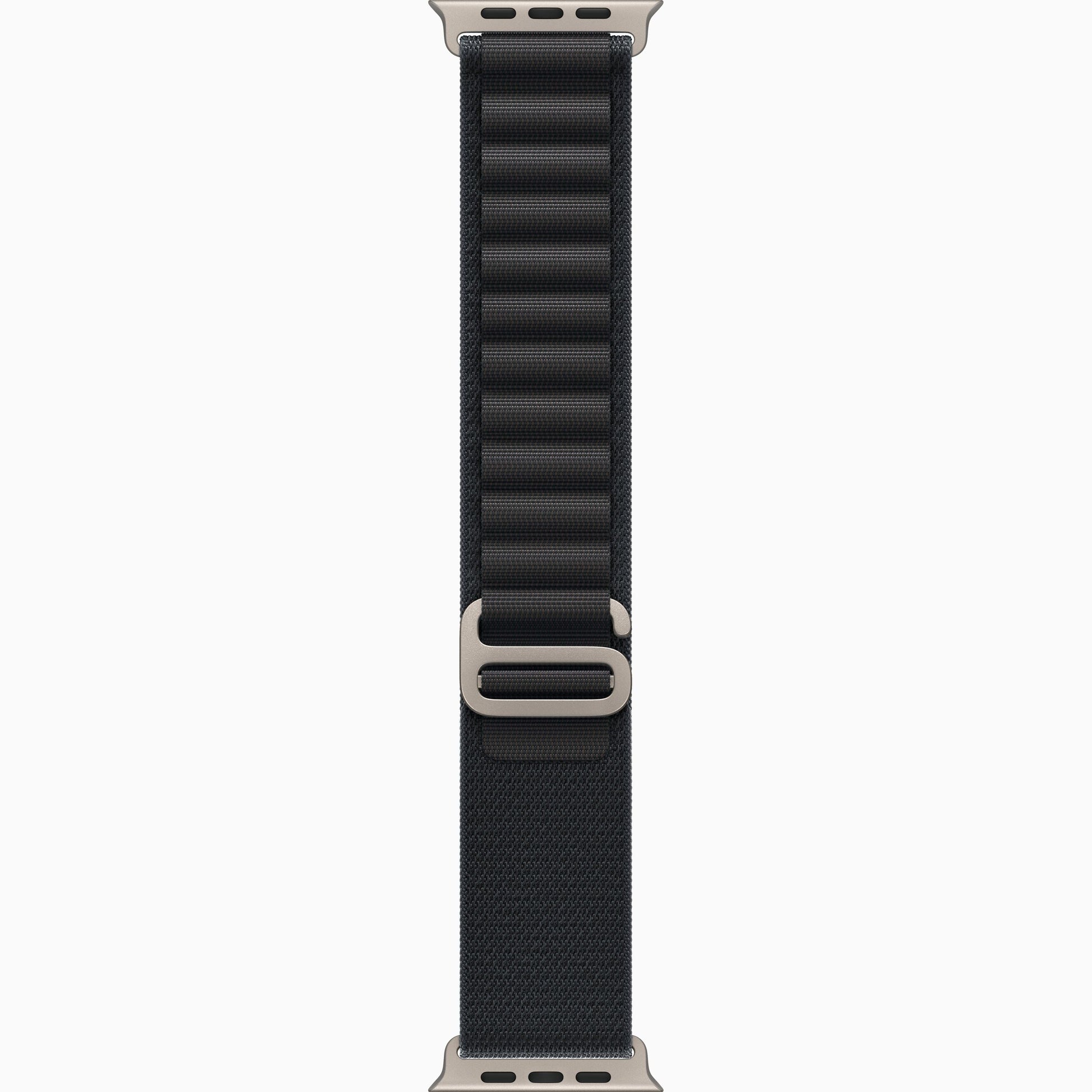 Black band for Apple Watch Ultra 3, centered side view with metal clasp