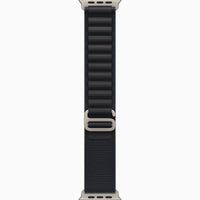 Black band for Apple Watch Ultra 3, centered side view with metal clasp