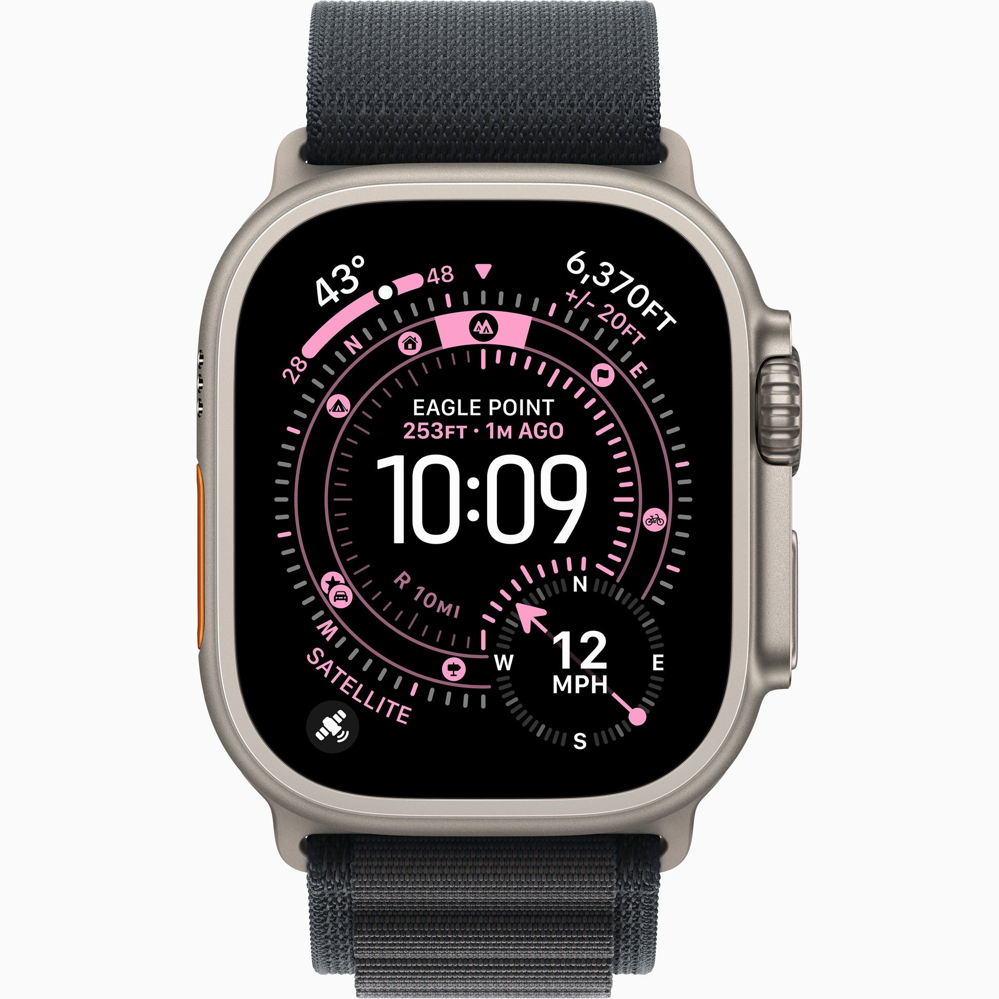 Apple Watch Ultra 3 with dark charcoal/black band and rugged watch display