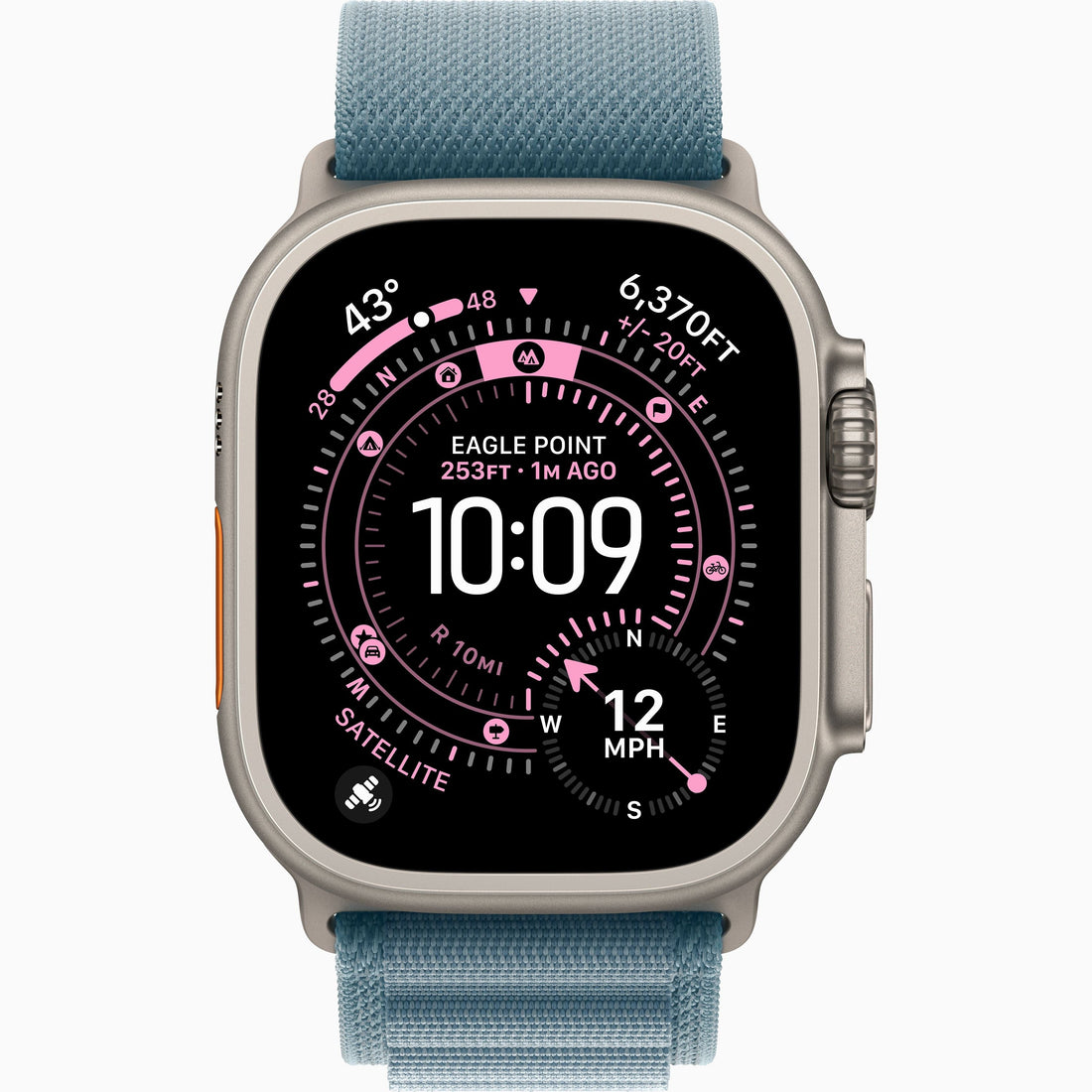 Apple Watch Ultra 3 with light blue Alpine Loop band and black watch face