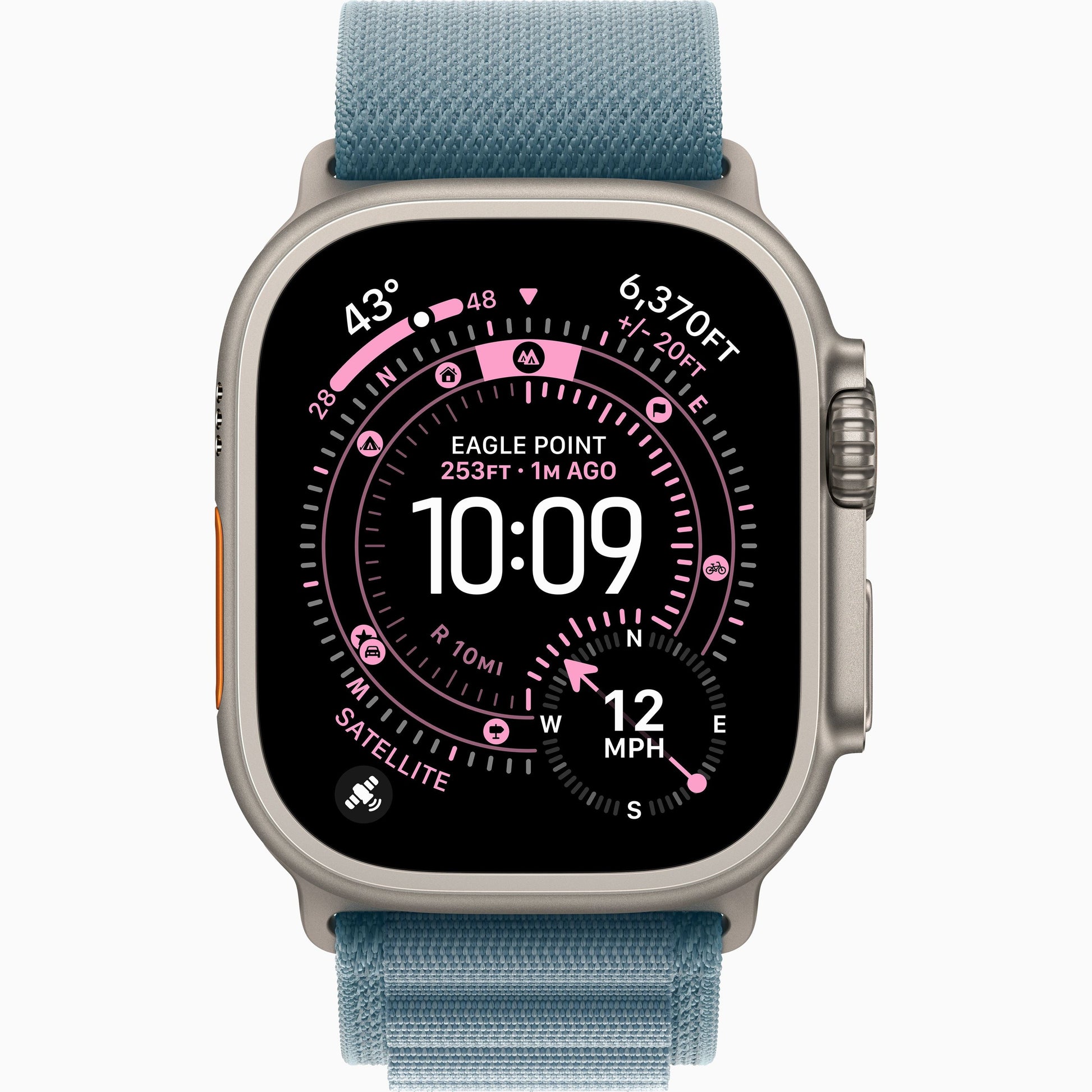Apple Watch Ultra 3 with light blue Alpine Loop band and black watch face