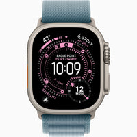 Apple Watch Ultra 3 with light blue Alpine Loop band and black watch face