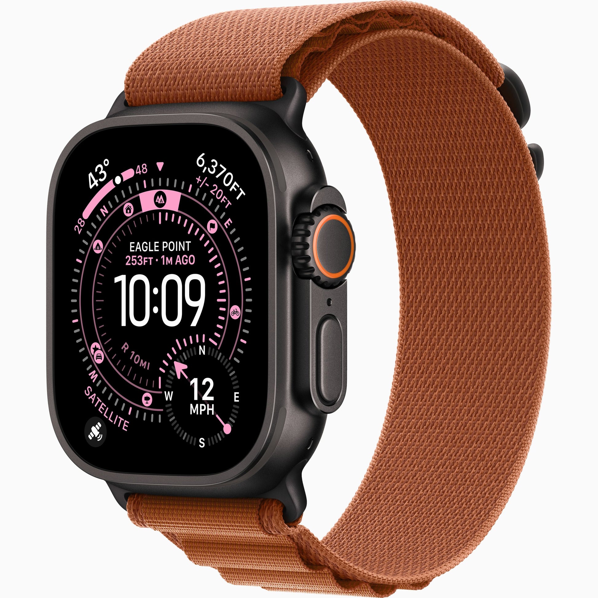 Apple Watch Ultra 3 with terra-cotta woven band and black smartwatch case, side buttons visible