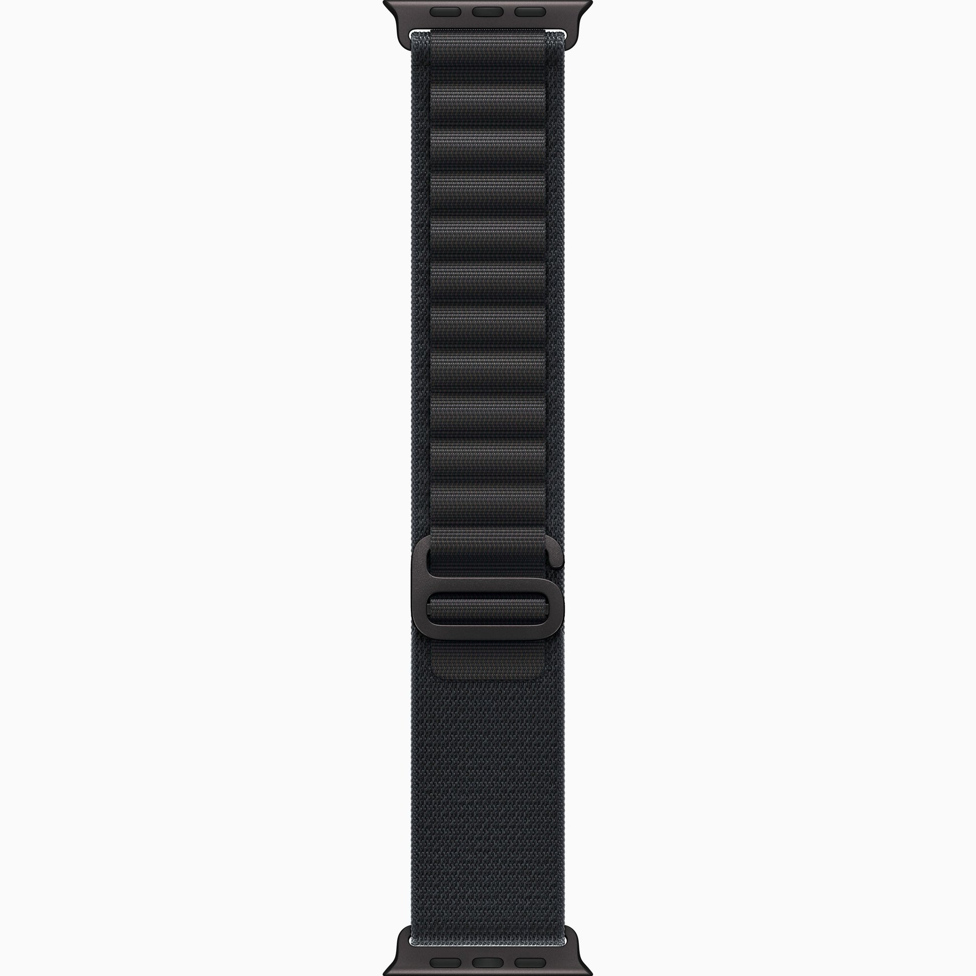 Black woven watch band shown straight, with adjustable clasp and mounting slots