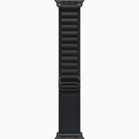 Black woven watch band shown straight, with adjustable clasp and mounting slots
