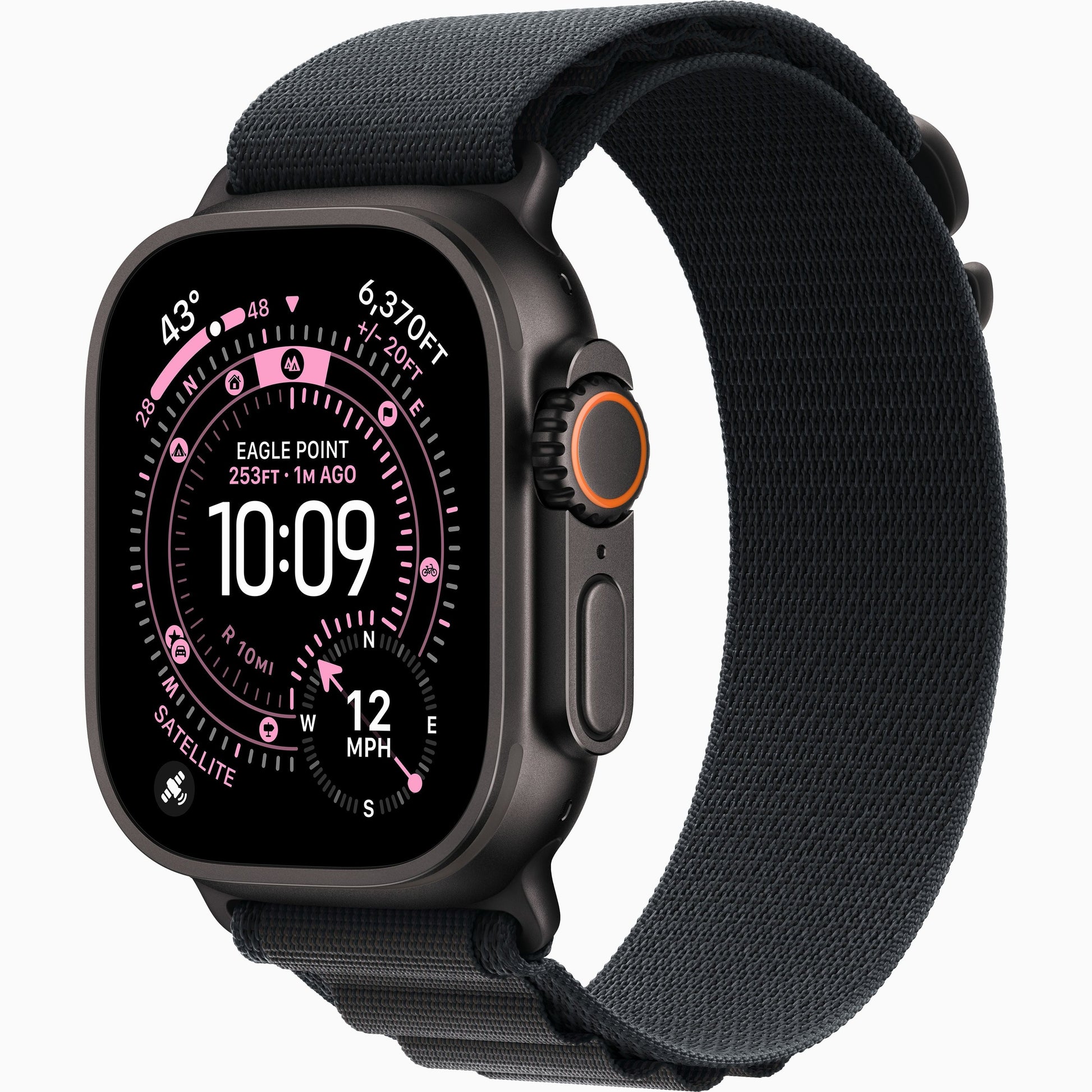 Apple Watch Ultra 3 with black woven band, rugged case and side control button visible
