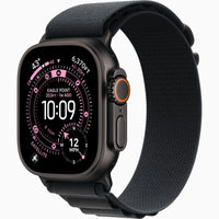 Apple Watch Ultra 3 with black woven band, rugged case and side control button visible
