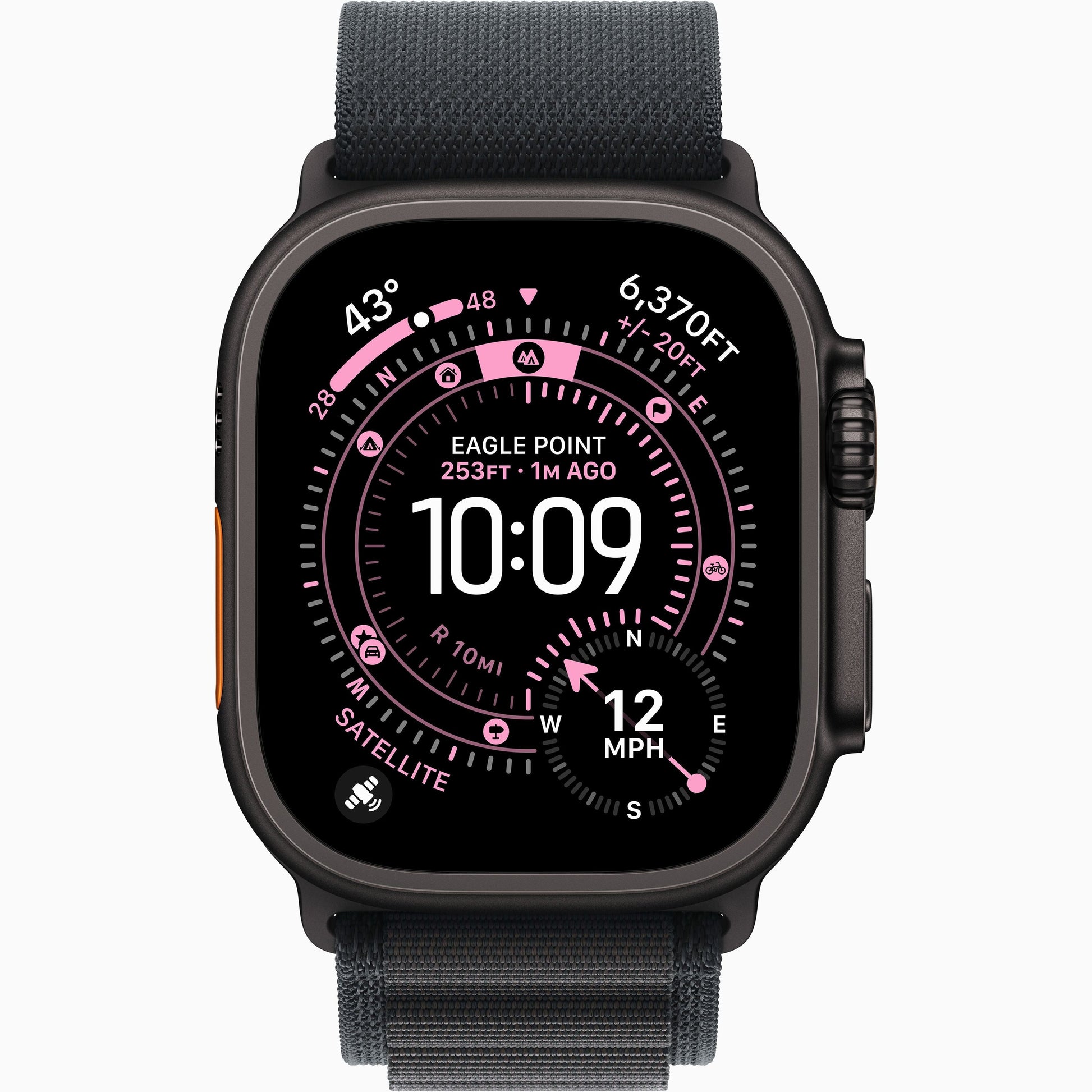 Apple Watch Ultra 3 with black woven band, smartwatch face with 10:09 displayed