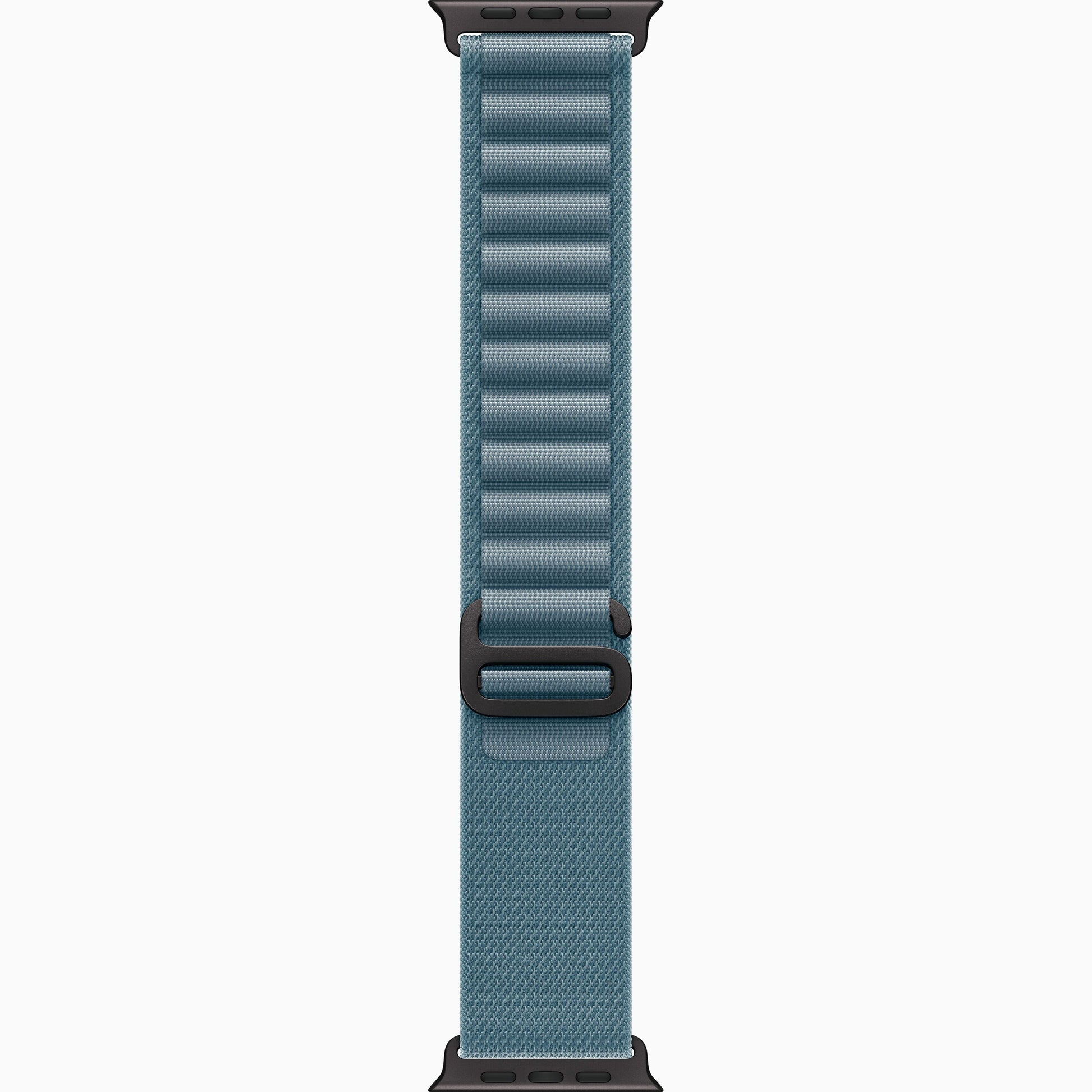 Light blue woven watch band shown straight, with adjustable clasp at the underside