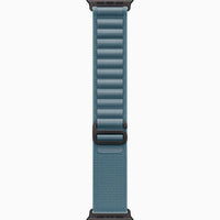 Light blue woven watch band shown straight, with adjustable clasp at the underside