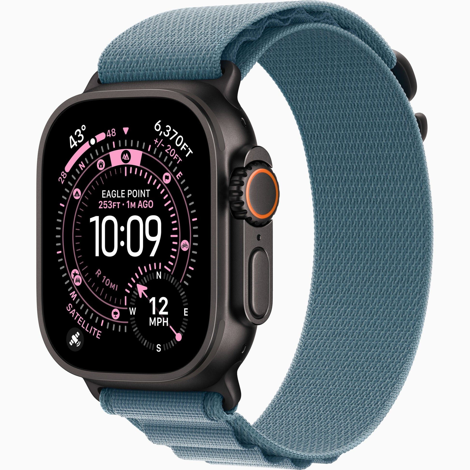 Smartwatch with dark titanium case and light blue woven loop band, orange action button