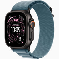 Smartwatch with dark titanium case and light blue woven loop band, orange action button