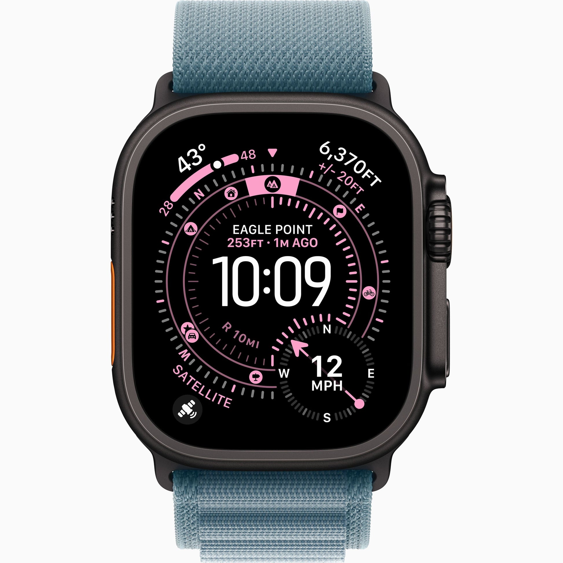 Apple Watch Ultra 3 with light blue woven band, rugged smartwatch face displayed