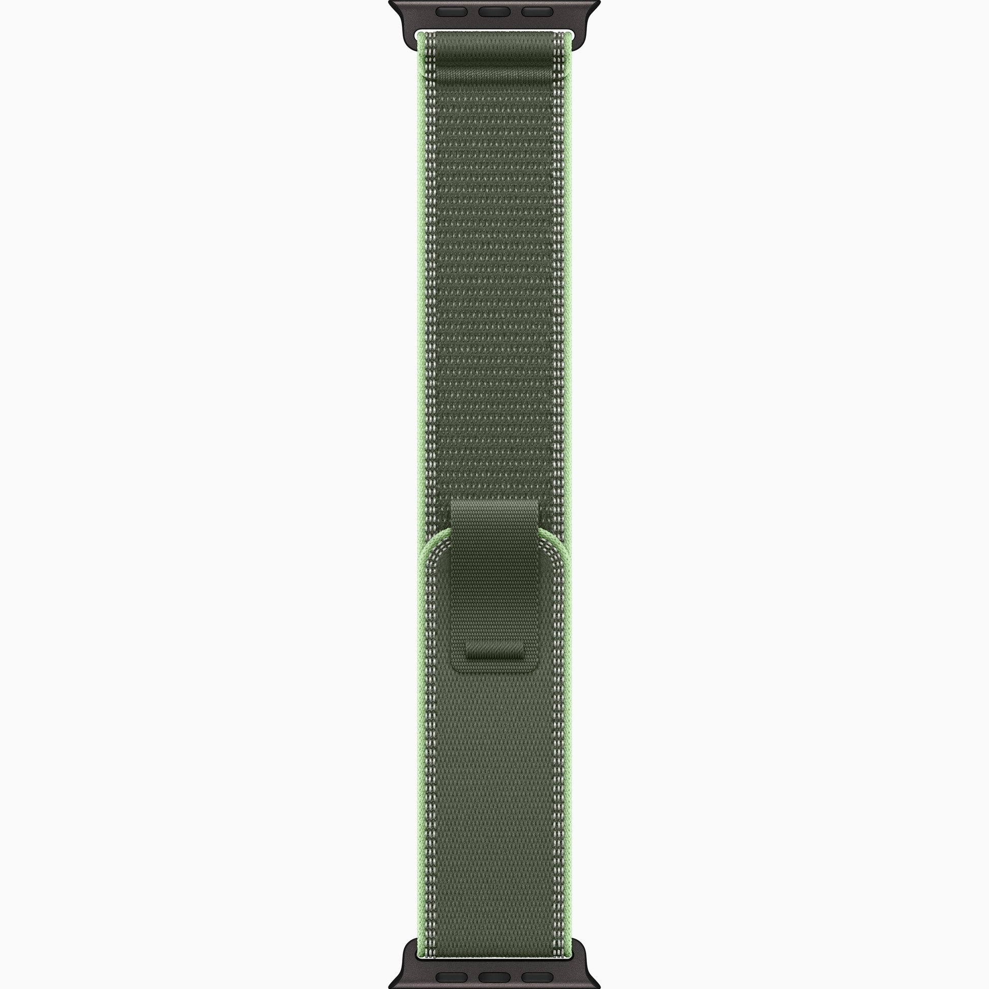 Green woven watch band with tab closure and visible edge stitching